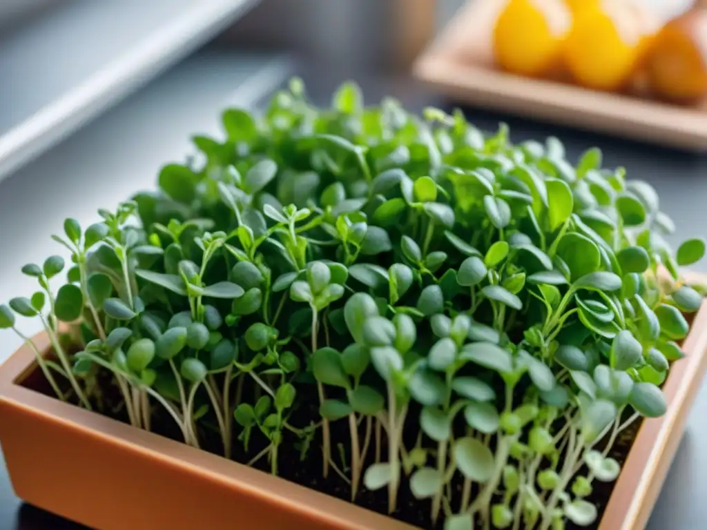 Un estallido de microverduras sin gluten en una cocina moderna, resaltando frescura y variedad