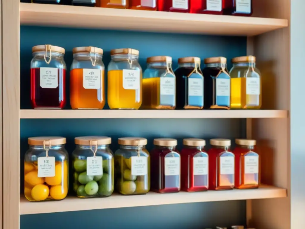 Estantería de despensa con vinagres de frutas caseros sin gluten, etiquetados con manzanas, bayas y cítricos, bañados por luz cálida