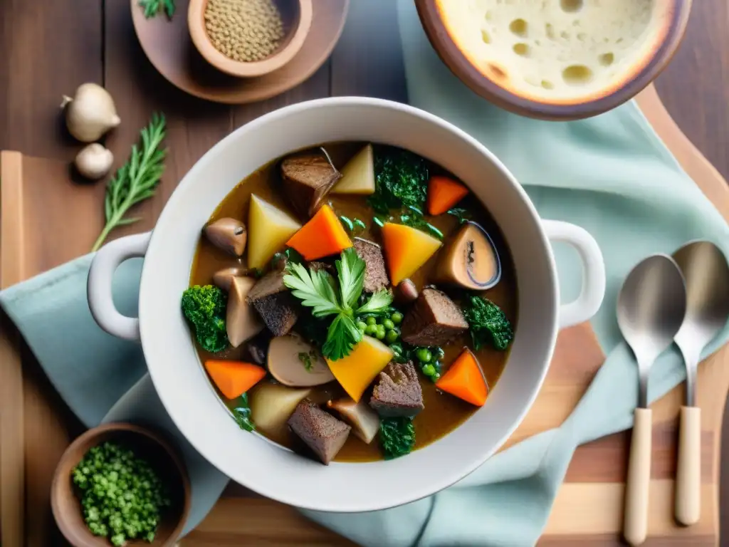 Estofado otoñal sin gluten vegan en mesa rústica con vegetales coloridos y pan sin gluten