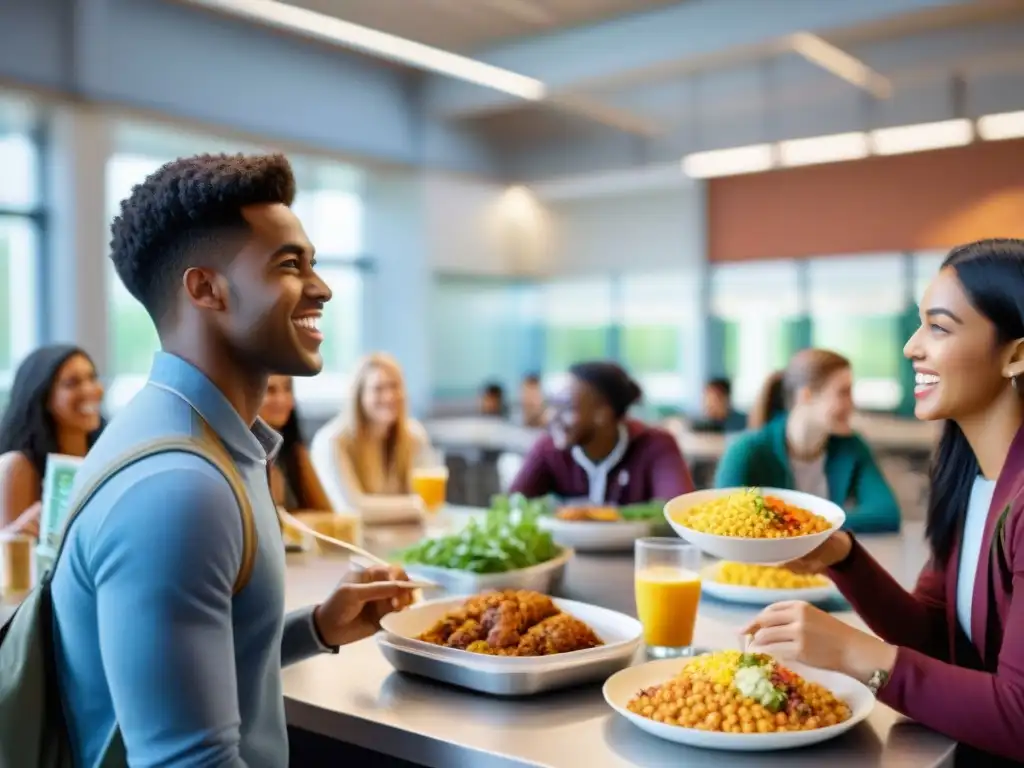 Estudiantes universitarios con dietas diversas disfrutando de una comida sin gluten en la universidad, reflejando camaradería y apoyo