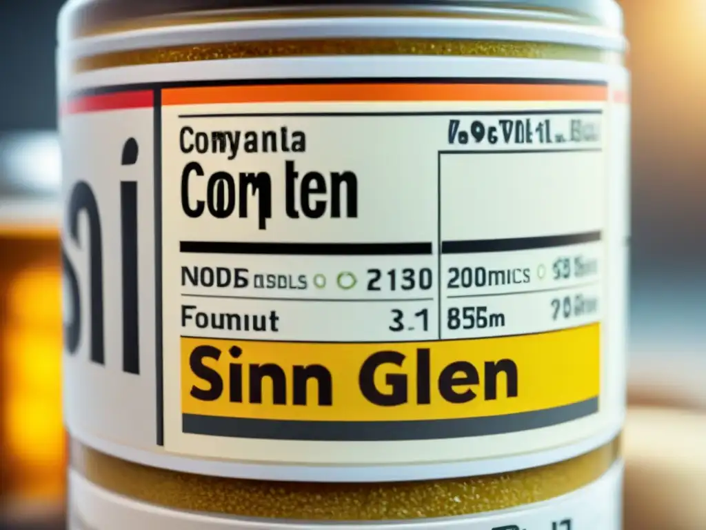 Etiqueta de alimentos: Sin Gluten en detalle Etiqueta de alimentos 'Sin Gluten' con detalles vibrantes y certificaciones, productos sin gluten etiquetas verdaderas