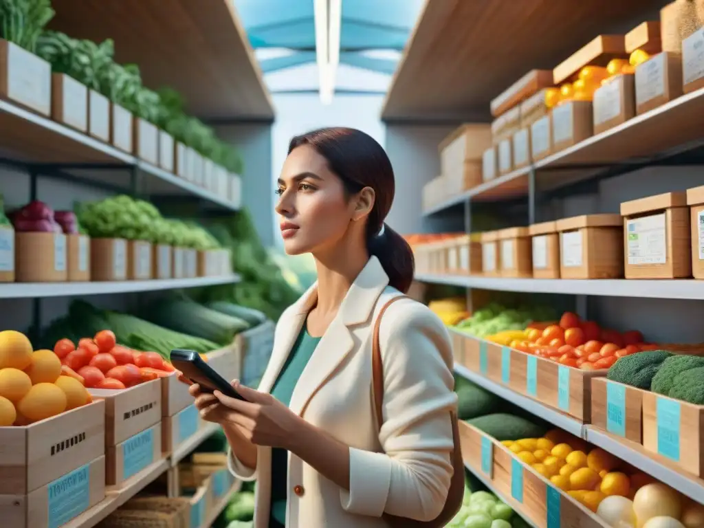 Explorando etiquetas productos orgánicos sin gluten en un mercado vibrante y colorido
