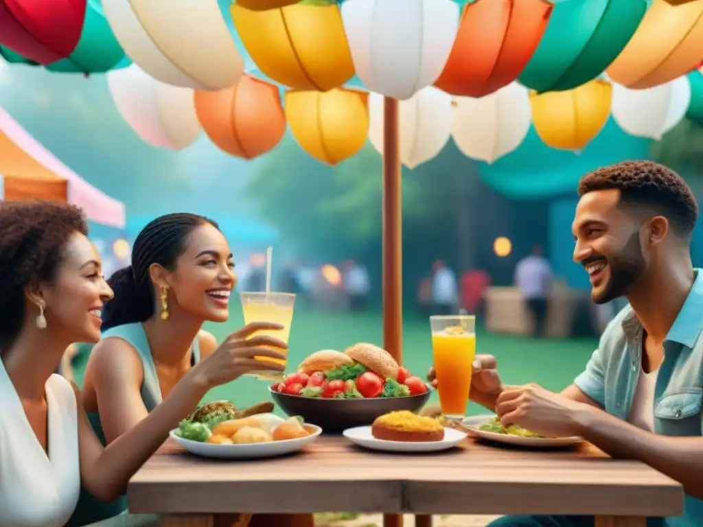 Evento al aire libre con comida sin gluten y diversidad de personas disfrutando juntas bajo sombrillas coloridas