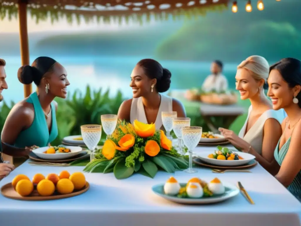 Un evento al aire libre con variedad de platos sin gluten, personas diversas reunidas alrededor de una mesa decorada, mostrando inclusividad