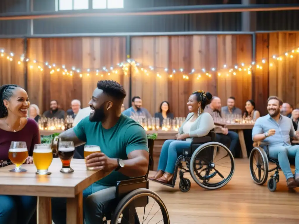 Organizar evento degustación cervezas sin gluten: Grupo diverso disfruta de cervezas artesanales en espacio decorado con luces y banners coloridos