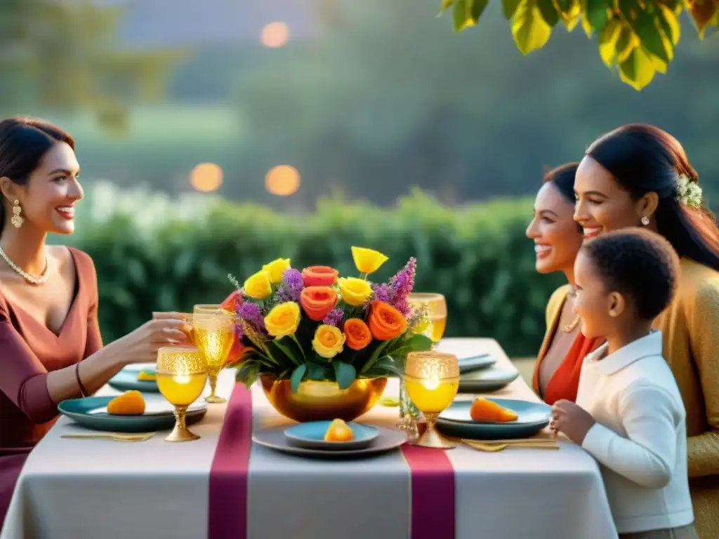 Evento familiar sin gluten: mesa festiva al aire libre, familia feliz alrededor, risas al atardecer