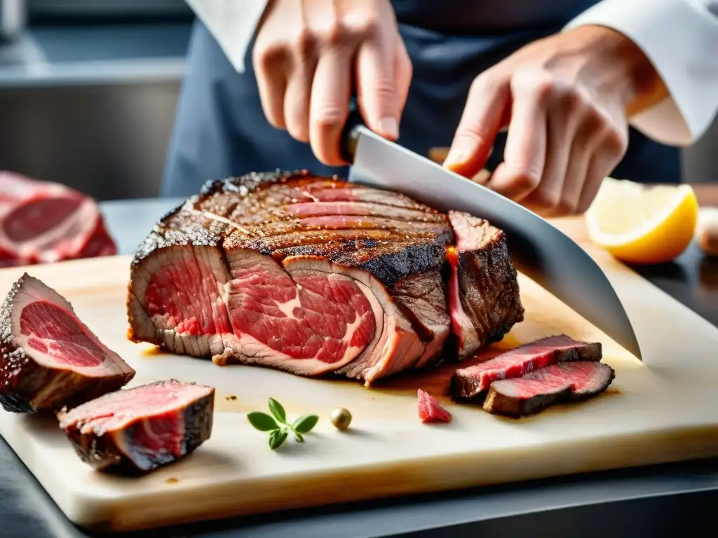 Un experto carnicero corta con precisión un filete de carne sin gluten, mostrando las técnicas de cortes de carne sin gluten en su máxima expresión