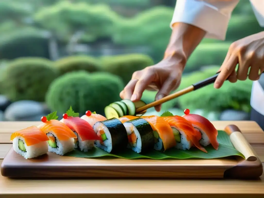 Un experto chef japonés elaborando sushi sin gluten en un entorno tranquilo y auténtico