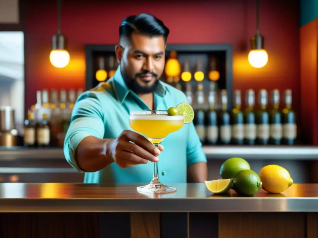 Un experto bartender sirviendo un cóctel de Pisco sin gluten en un bar tradicional peruano, con frutas frescas y decoración sudamericana