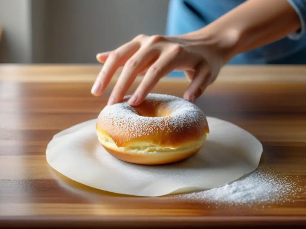 El experto panadero moldea con cuidado la masa sin gluten para hacer donas redondas sobre una encimera de madera enharinada