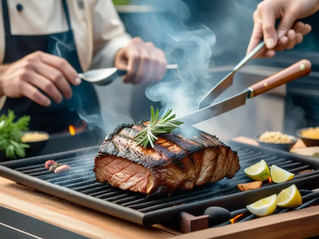 Un experto parrillero prepara un suculento plato sin gluten ahumado, rodeado de hierbas frescas y madera aromática