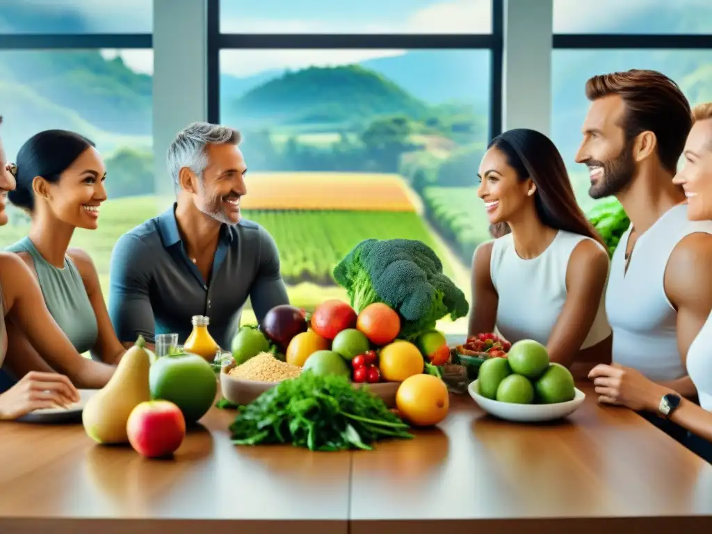 Expertos en nutrición debaten beneficios dieta sin gluten rodeados de alimentos coloridos en sala luminosa