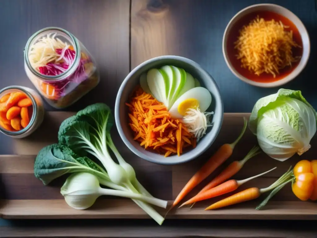 Una explosión de color en un bowl de kimchi sin gluten, rodeado de alimentos fermentados