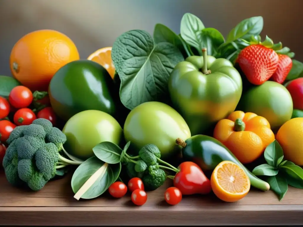 Una explosión de color y frescura en una mesa de madera rústica con frutas y verduras frescas