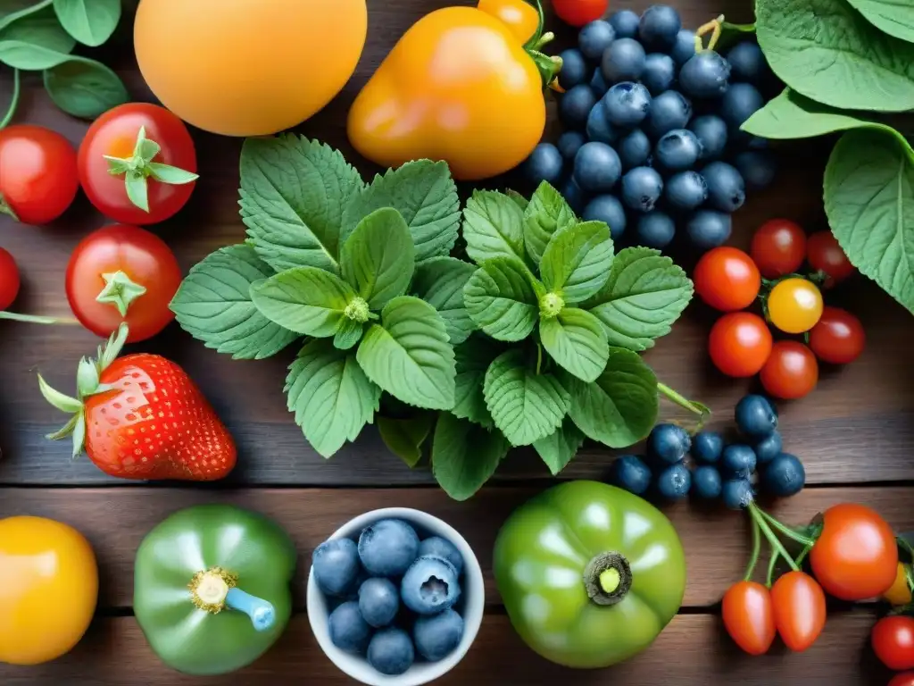 Una explosión de colores y frescura en frutas y verduras sobre mesa de madera, ideal para una dieta FODMAP sin gluten