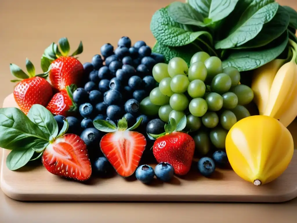 Deliciosos ingredientes para batidos glutenfree Una explosión de colores con frutas y verduras frescas en tabla de madera, ideal para batidos sin gluten para adelgazar