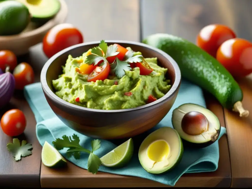 Una explosión de colores en ingredientes frescos para guacamole sin gluten en una mesa de madera rústica