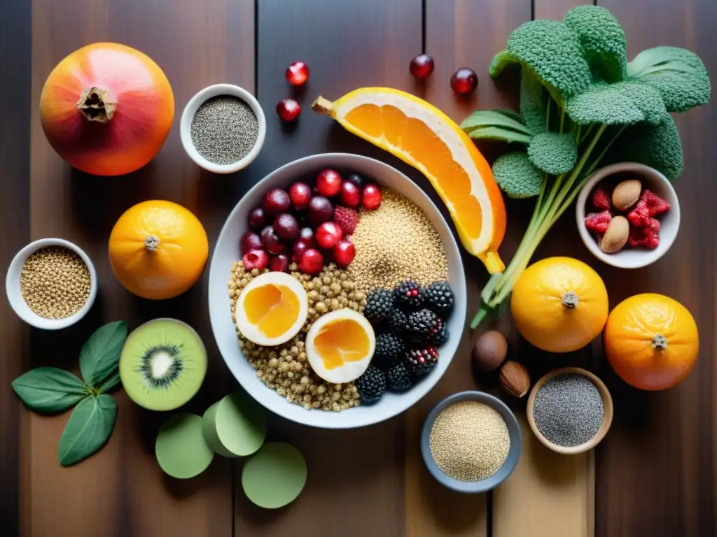 Una explosión de colores y texturas en una mesa de madera con superalimentos sin gluten