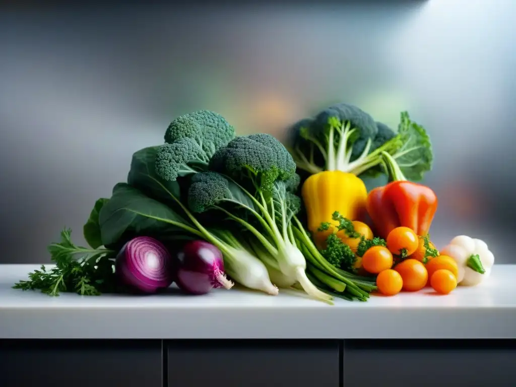 Una explosión de colores en verduras y hierbas sobre una encimera moderna, envasadas al vacío con la técnica innovadora y sin gluten de sousvide