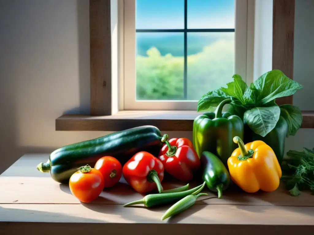 Una explosión de coloridas frutas y verduras de temporada en una mesa rústica de madera