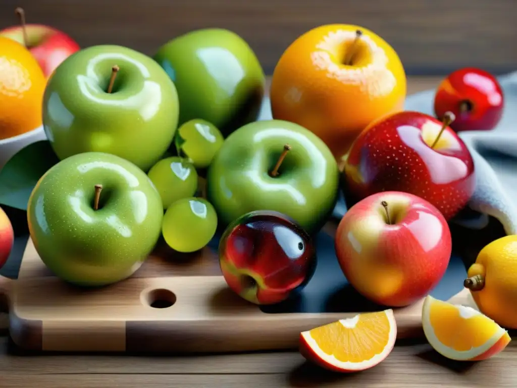 Una explosión de frescura: una variedad de frutas frescas brillantes sobre tabla de madera