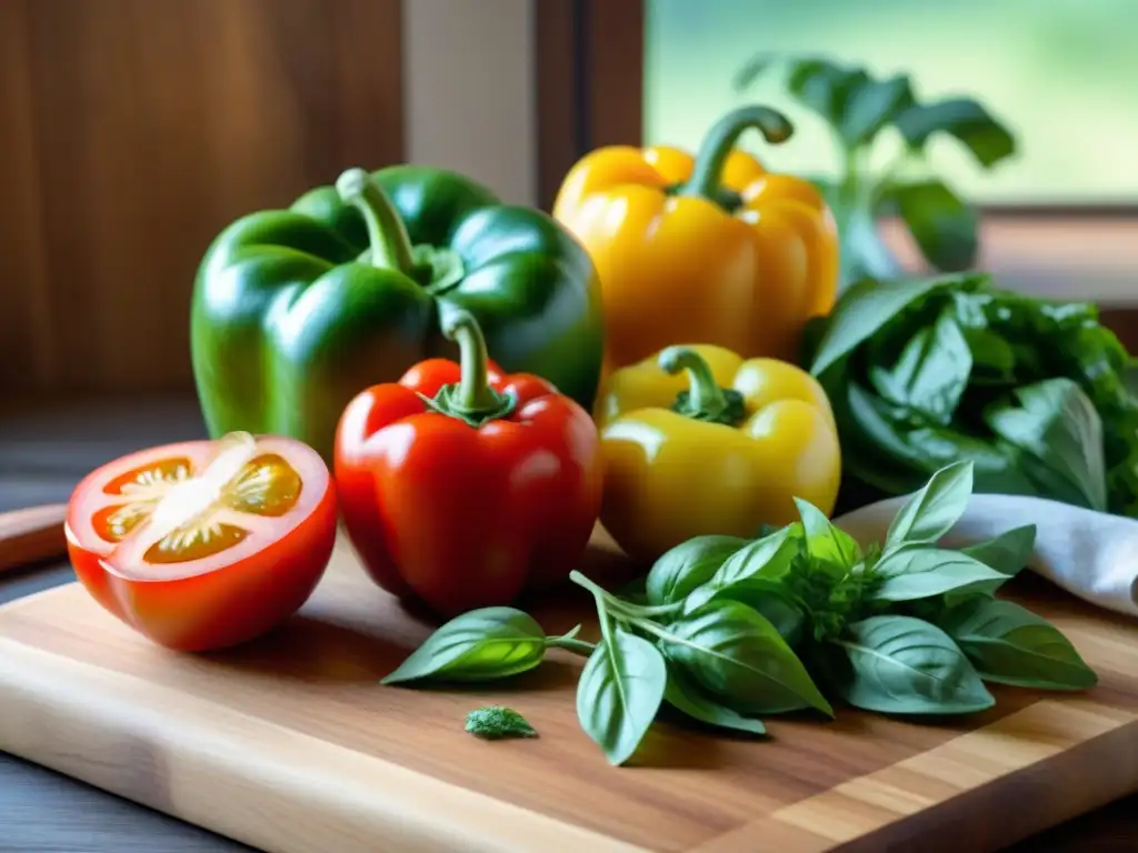 Una explosión de ingredientes frescos sin gluten para barbacoas, con bell peppers, tomates cherry, limones, hierbas y madera