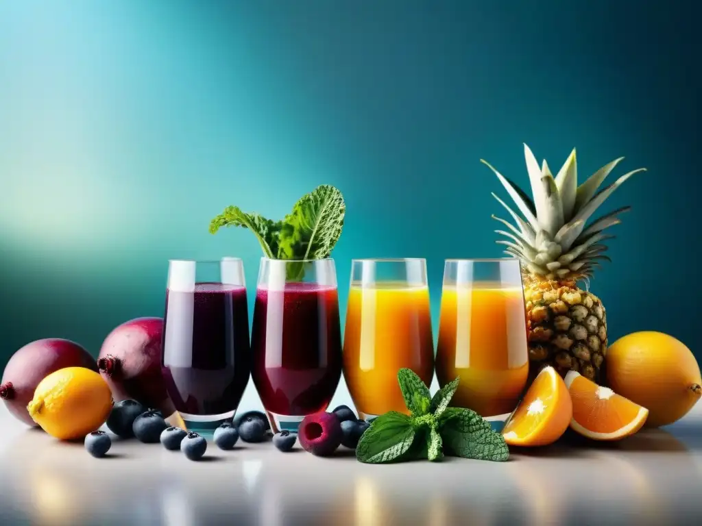 Una explosión de jugos energizantes sin gluten recetas en elegantes vasos, resaltando colores vibrantes y frescura en la cocina iluminada por el sol