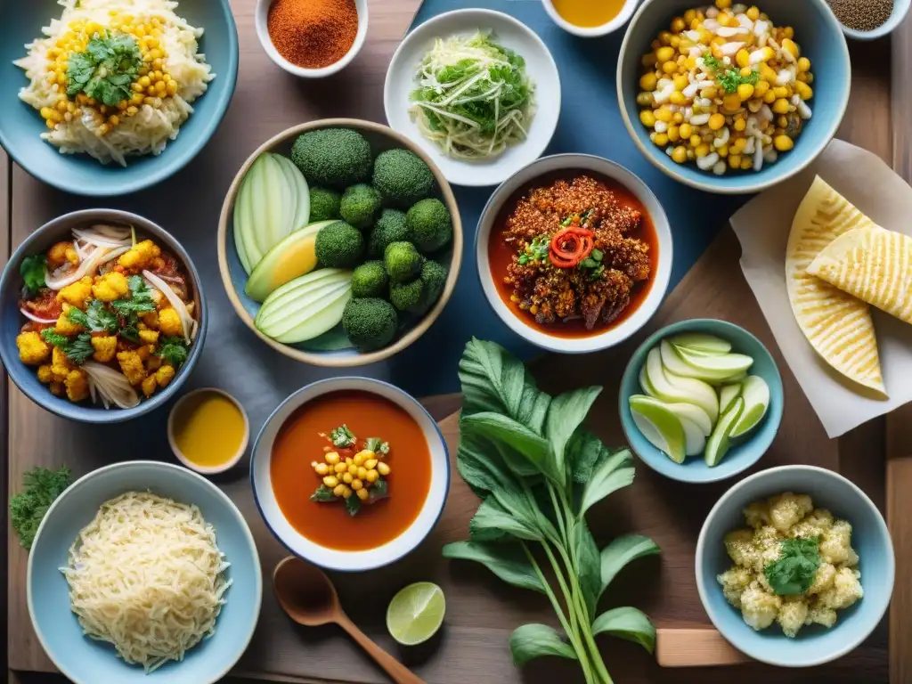 Una explosión de sabores y colores en recetas de fermentación sin gluten internacional, un festín culinario multicultural en una mesa rústica