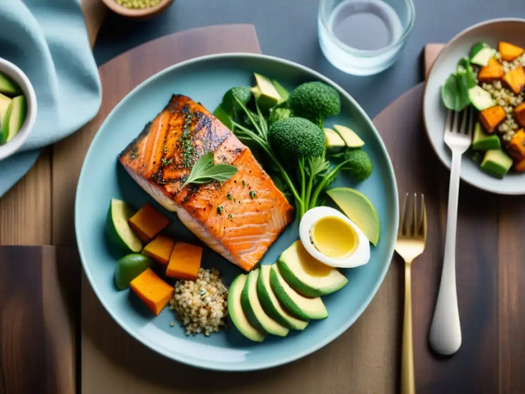 Exquisita alimentación baja en carbohidratos sin gluten: plato colorido con salmón, quinoa, batatas y aguacate fresco en mesa de madera