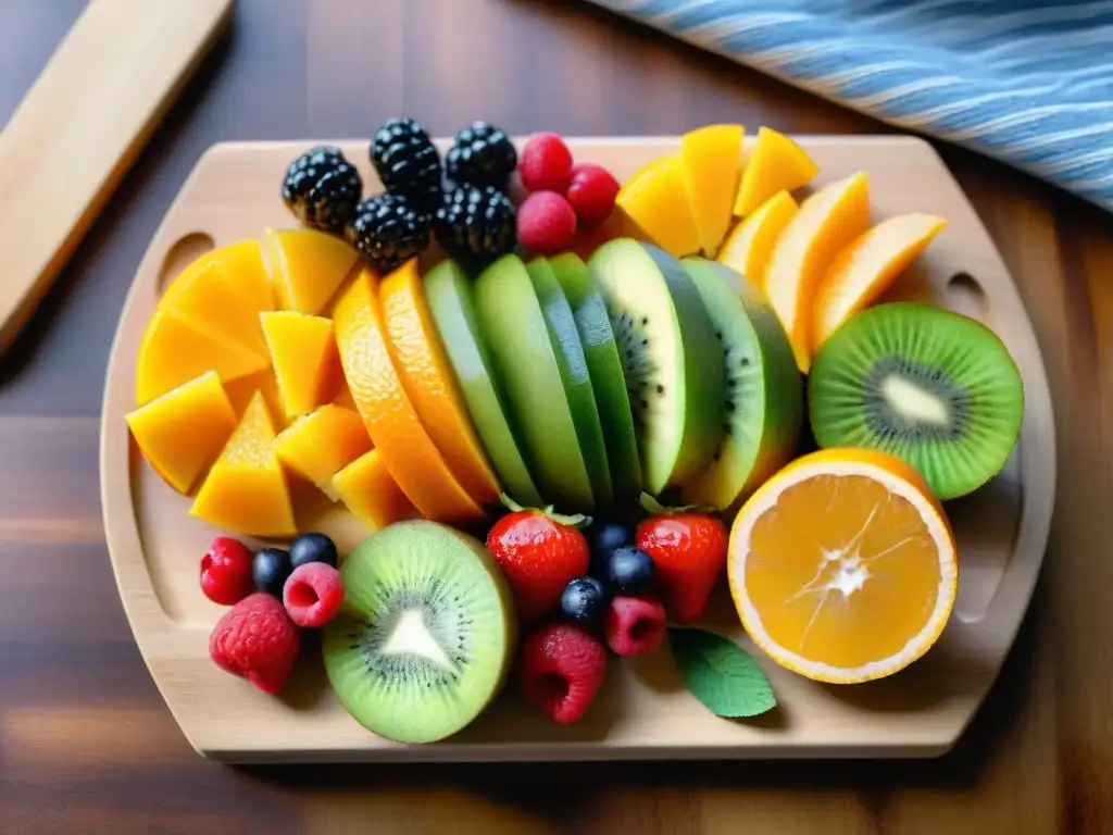 Una exquisita bandeja de frutas vibrantes sobre tabla de madera, ideal para meriendas saludables sin gluten, con bayas, kiwi, naranjas y mango