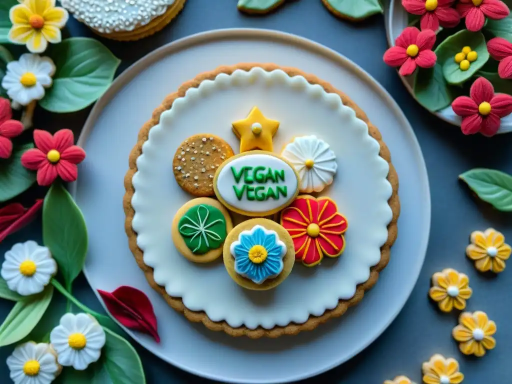 Una exquisita bandeja de galletas veganas sin gluten bellamente decoradas con detalles elaborados, flores comestibles y chispas brillantes