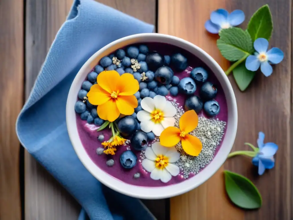 Deléitate con una exquisita bowl de smoothie de arándanos, chía y flores comestibles