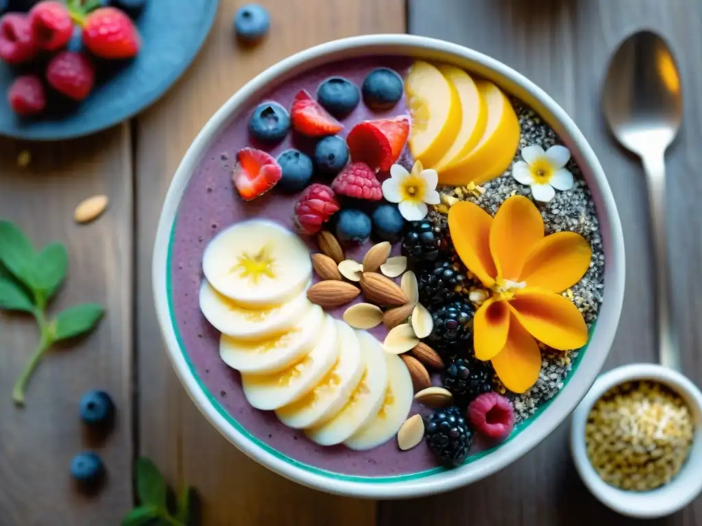 Deléitate con una exquisita bowl de smoothie con chía, frutas frescas y flores comestibles sobre madera rústica