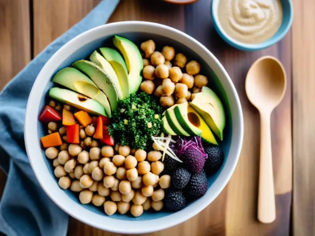 Una exquisita Buddha bowl llena de ingredientes sin gluten, como quinoa, vegetales asados, aguacate y aderezo de tahini