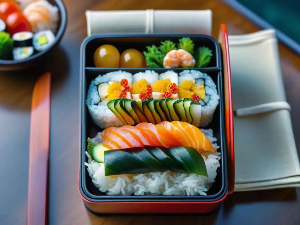 Una exquisita caja bento japonesa llena de coloridos platos sin gluten como sushi, sashimi y vegetales tempura