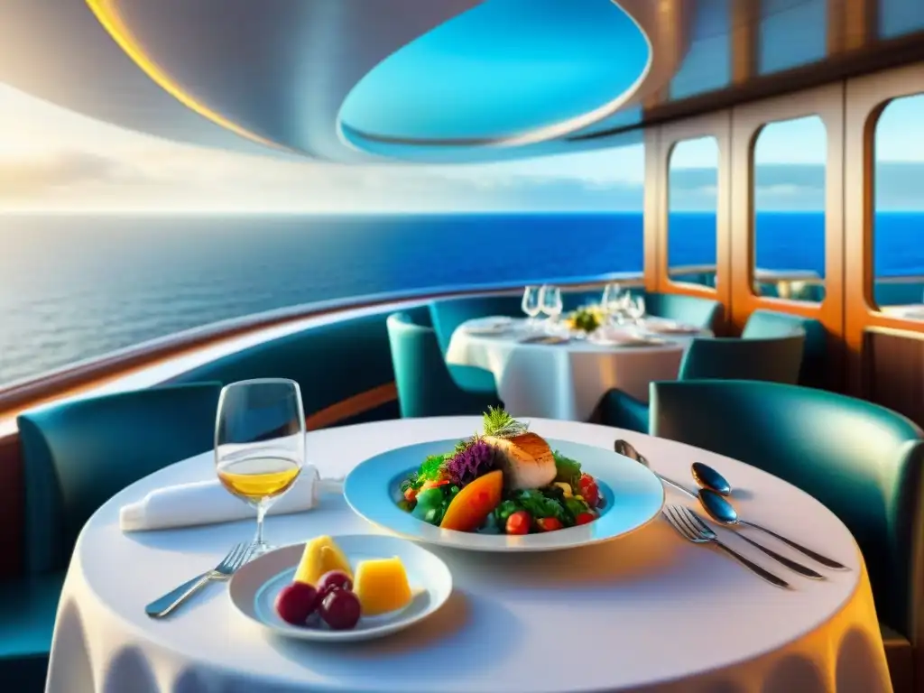 Exquisita cena sin gluten en elegante comedor de crucero, con platos gourmet y vista al mar