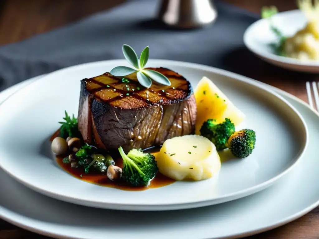 Exquisita cena de lujo sin gluten: filete mignon a la parrilla con salsa de champiñones, verduras asadas y puré de papas cremoso