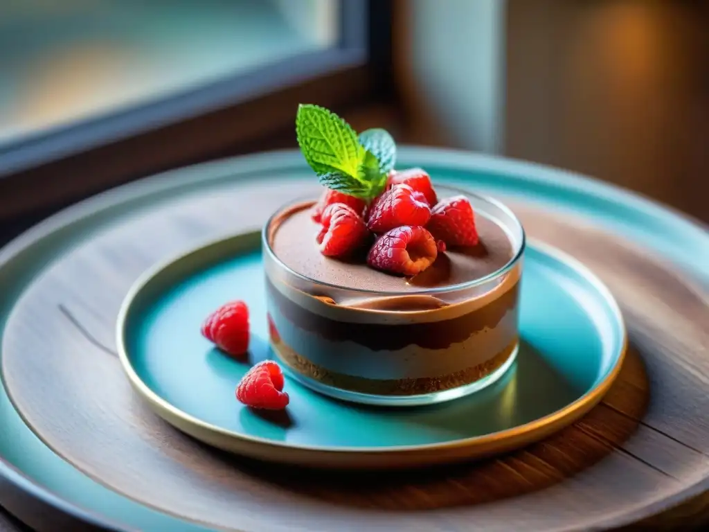 Exquisita mousse de chocolate belga sin gluten con frambuesas y menta en mesa de madera rústica, iluminada naturalmente