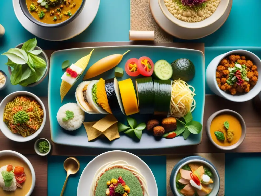 Exquisita cocina sin gluten internacional innovadora reunida en una mesa ornamentada con platos coloridos y exóticos de todo el mundo