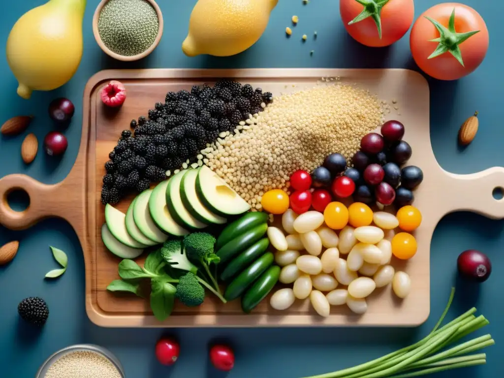 Una exquisita y colorida composición de alimentos sin gluten ricos en fibra sobre una tabla de madera moderna