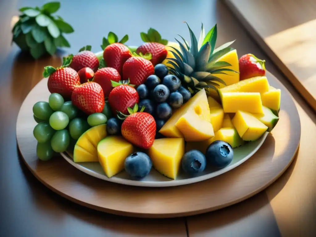 Una exquisita y colorida fuente de frutas frescas en una mesa de madera