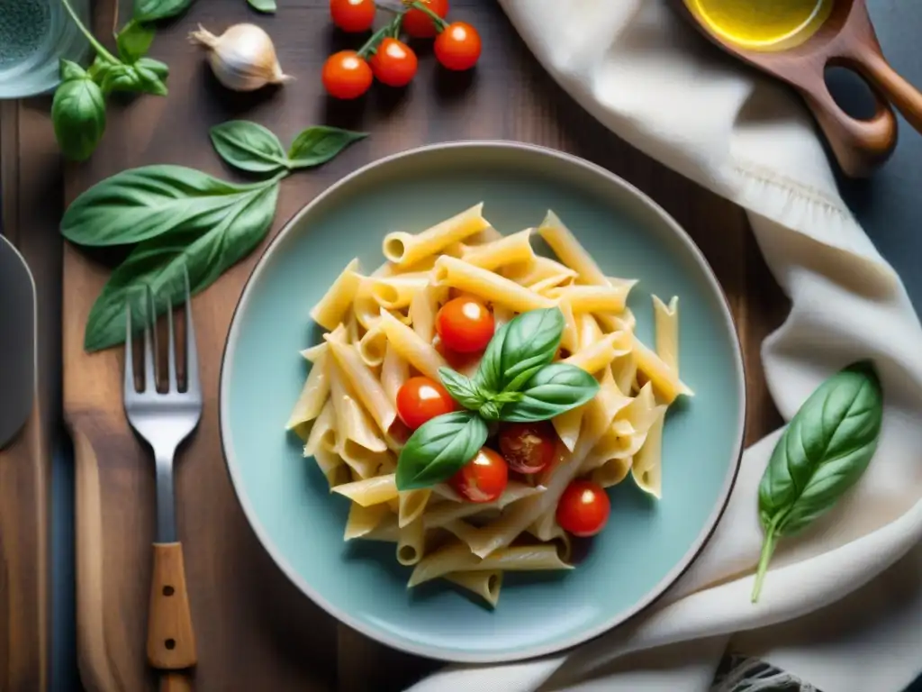 Una exquisita y colorida receta de pasta sin gluten con cinco ingredientes sencillos, presentada con elegancia en una mesa de madera rústica