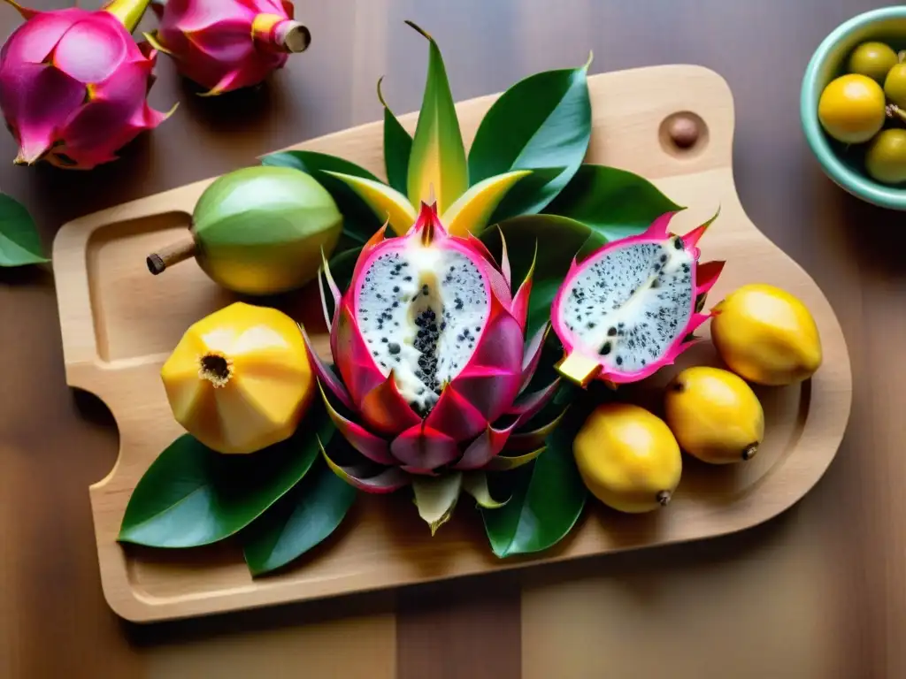 Una exquisita y colorida tabla de frutas exóticas con ingredientes como pitahaya, carambola, maracuyá y lichi, destacando lujo y aventura culinaria