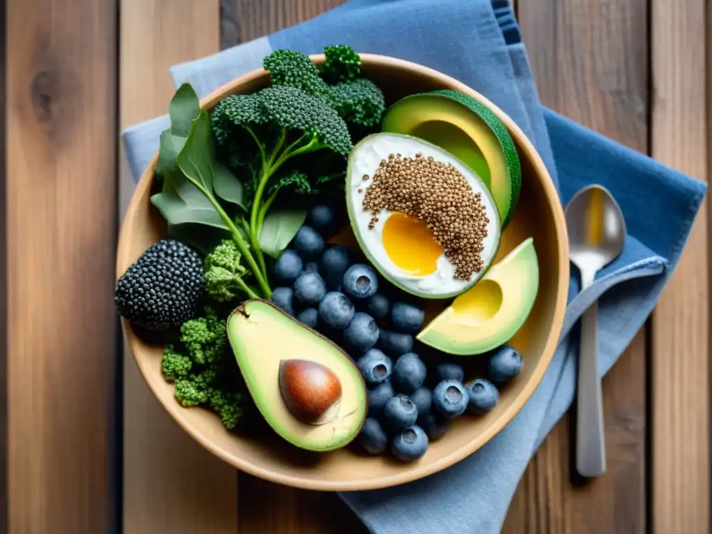 Una exquisita combinación de superfoods sin gluten sobre una mesa rústica, con una luz natural que resalta su frescura