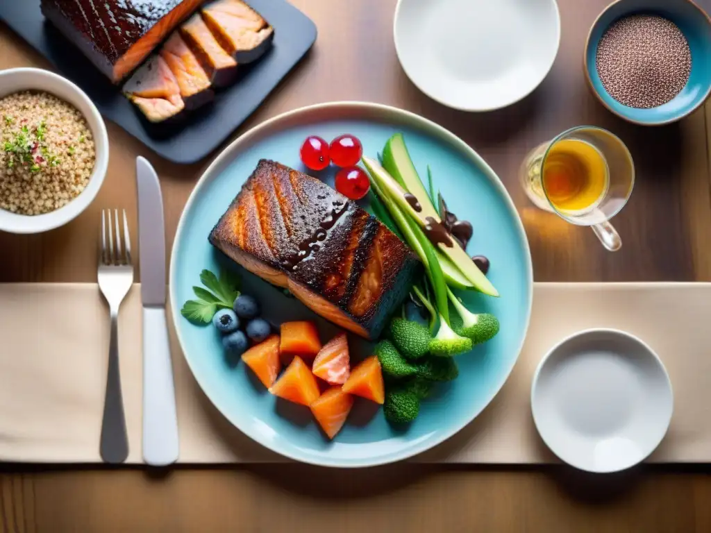 Exquisita comida gourmet sin gluten en mesa elegante: ensalada, salmón a la parrilla, pastel de chocolate sin harina