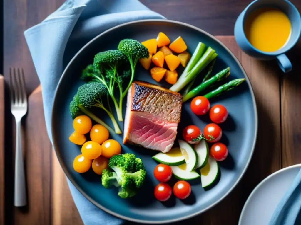 Deléitate con una exquisita comida sous vide sin gluten en una presentación elegante y colorida sobre madera rústica