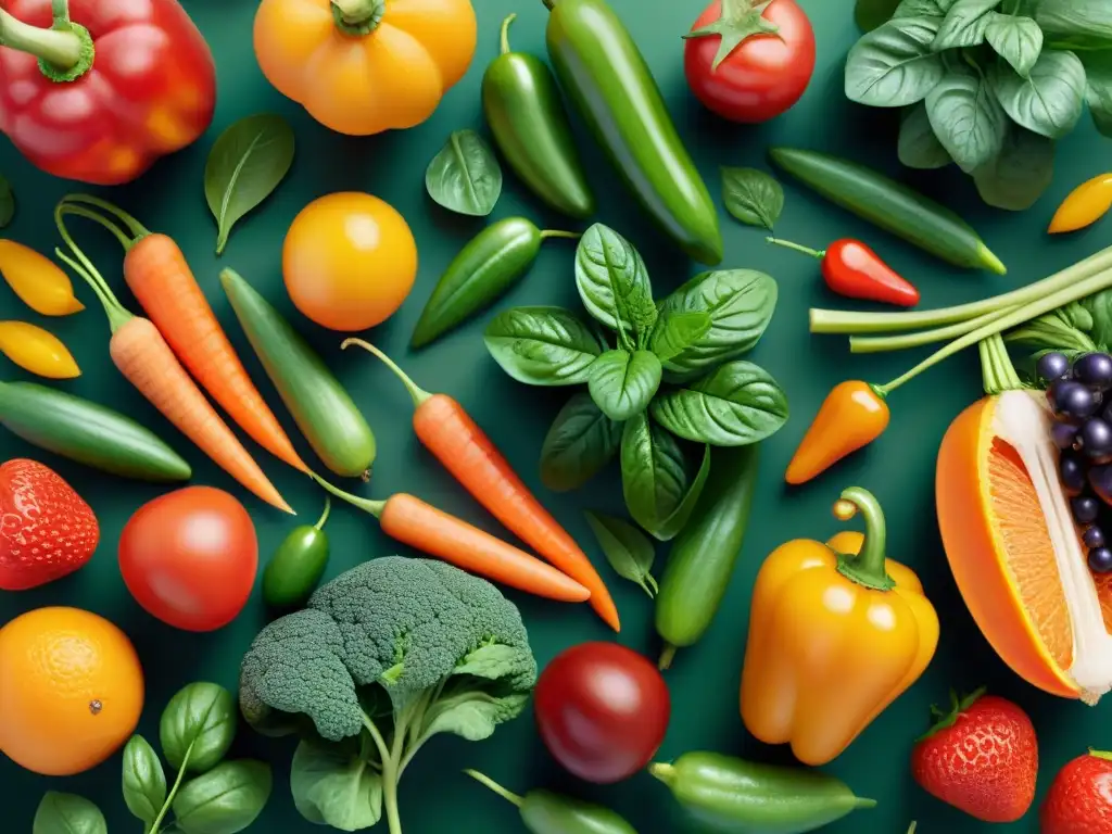 Exuberante y vibrante variedad de frutas y verduras ricas en vitaminas Una exquisita composición de frutas y verduras vibrantes, ¡vitaminas para dieta sin gluten!