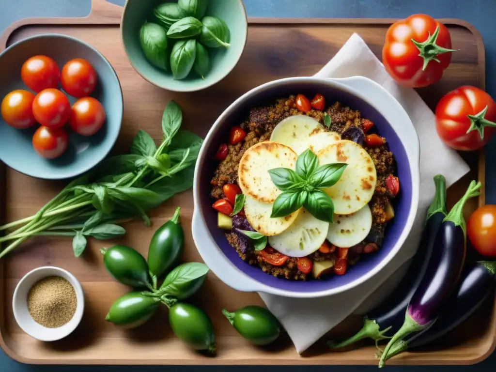 Una exquisita composición de ingredientes frescos para moussaka sin gluten receta innovadora, sobre una mesa rústica iluminada por el sol