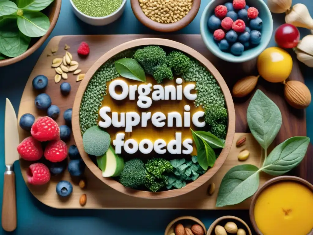 Una exquisita composición de recetas orgánicas sin gluten creativas: vibrantes superalimentos en un tablero de madera, frescos y tentadores