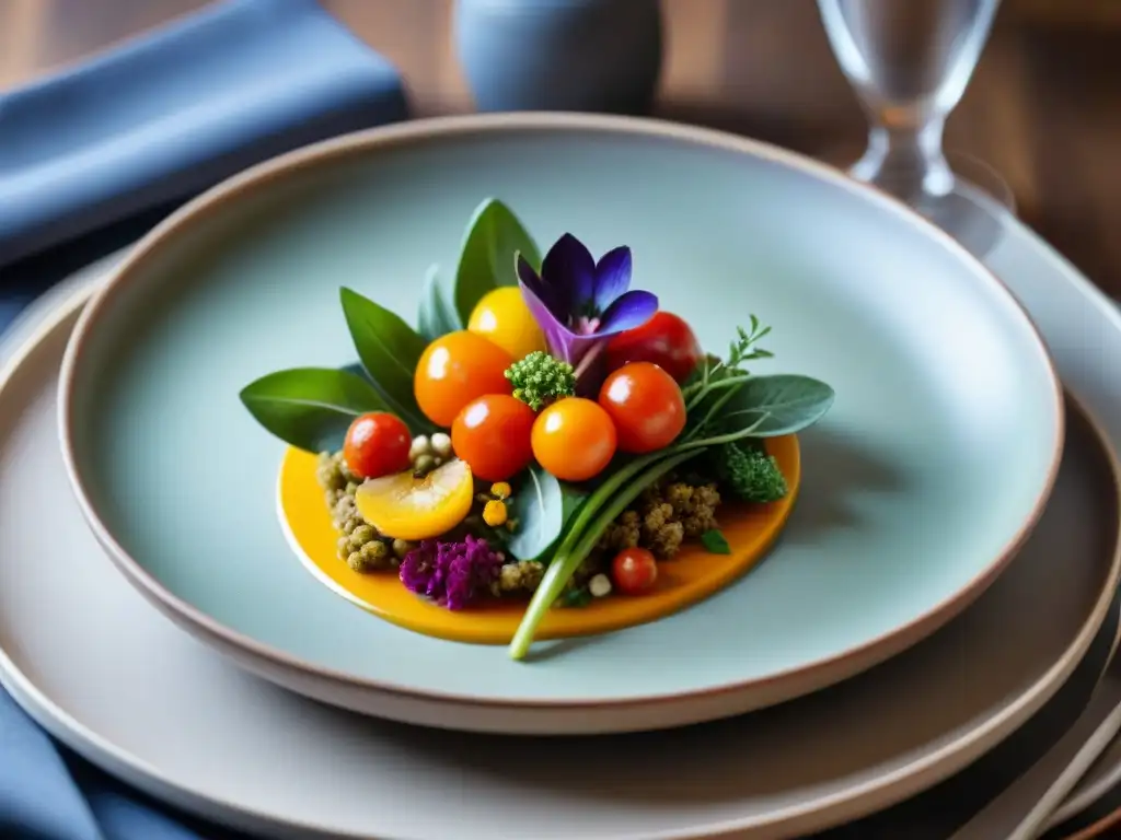 Una exquisita creación sin gluten en un elegante plato, rodeado de vegetales frescos y hierbas, en un acogedor restaurante